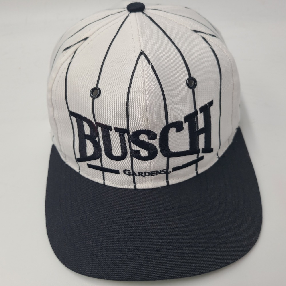 Vintage Busch Gardens Hat Strapback White Black Pinstripe Theme Park Promo Men